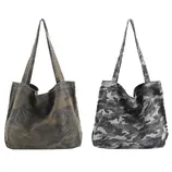 Two camo tote bags with long handles, one in green camo and the other in gray camo.