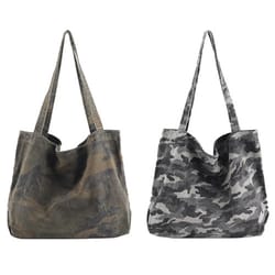 Two camo tote bags with long handles, one in green camo and the other in gray camo.