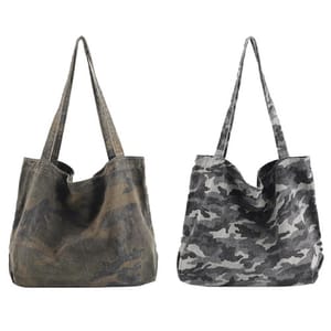 Two camo tote bags with long handles, one in green camo and the other in gray camo.