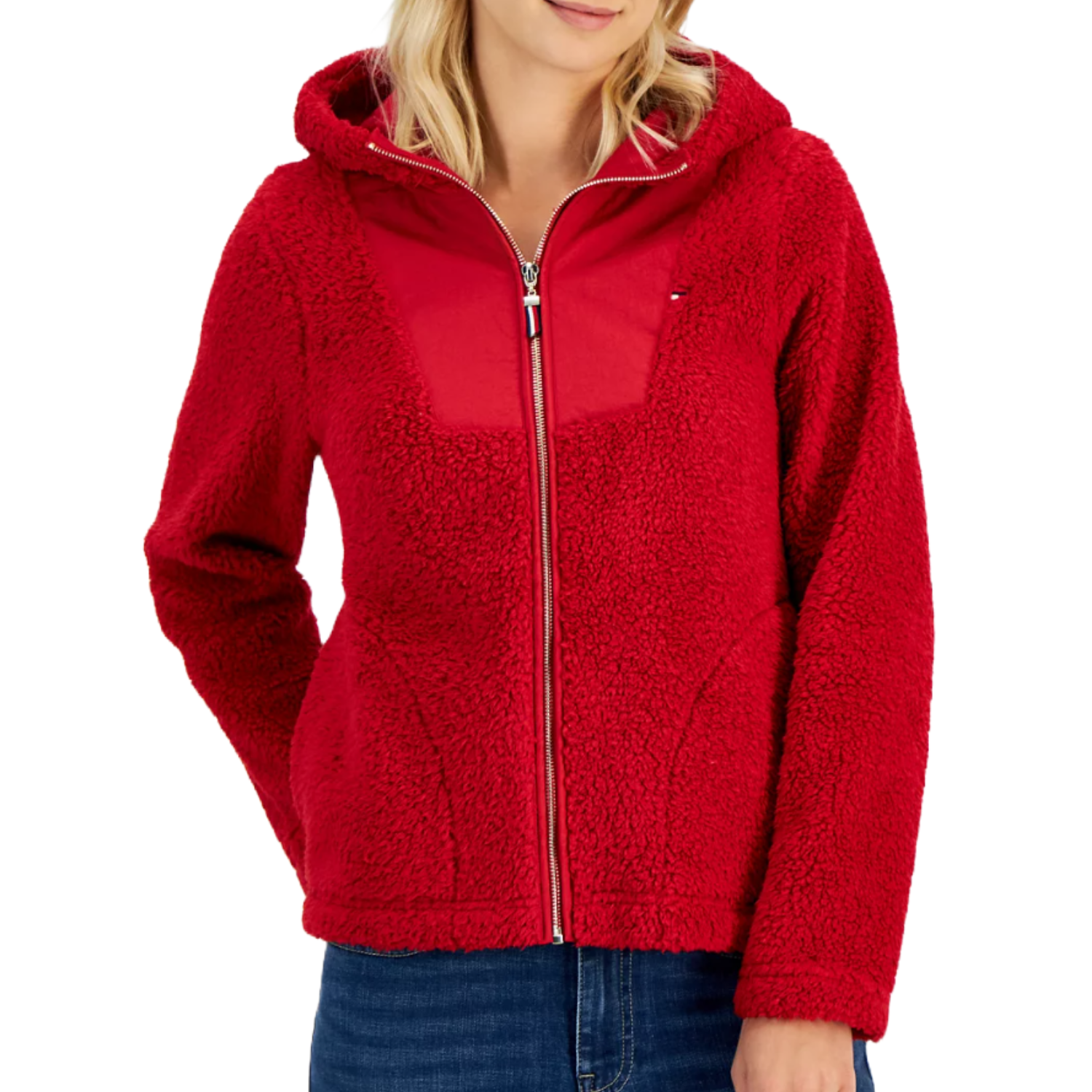 A red sherpa jacket with a hood, zippered front, and a small logo on the left chest.