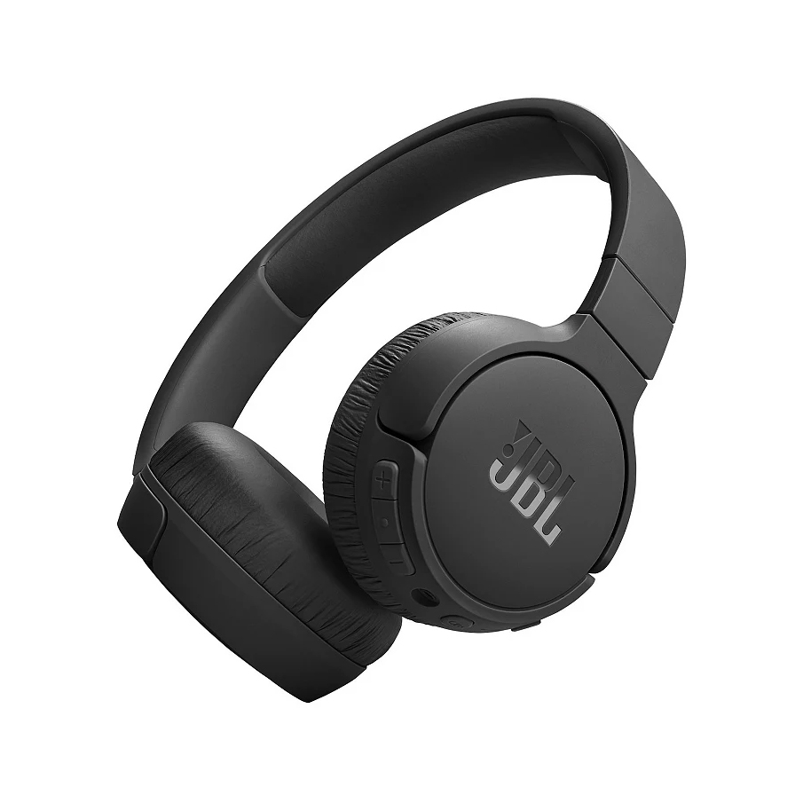 Black JBL wireless over-ear headphones with cushioned ear pads and control buttons on the side.