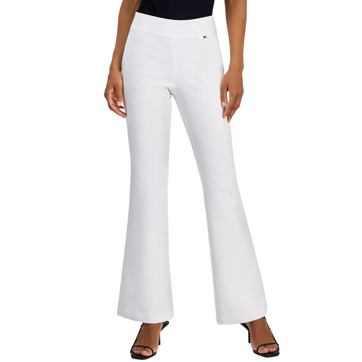 White flared pants with a high waist, worn with black high-heeled sandals.