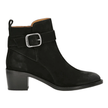 Black suede ankle boot with a block heel, featuring a silver buckle strap and tab at the back.