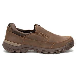 Brown slip-on shoe with rugged sole, designed by Caterpillar. Suitable for casual wear and light outdoor activities.