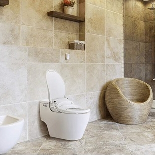 A modern toilet with bidet functionality next to a bidet and a round wicker basket.