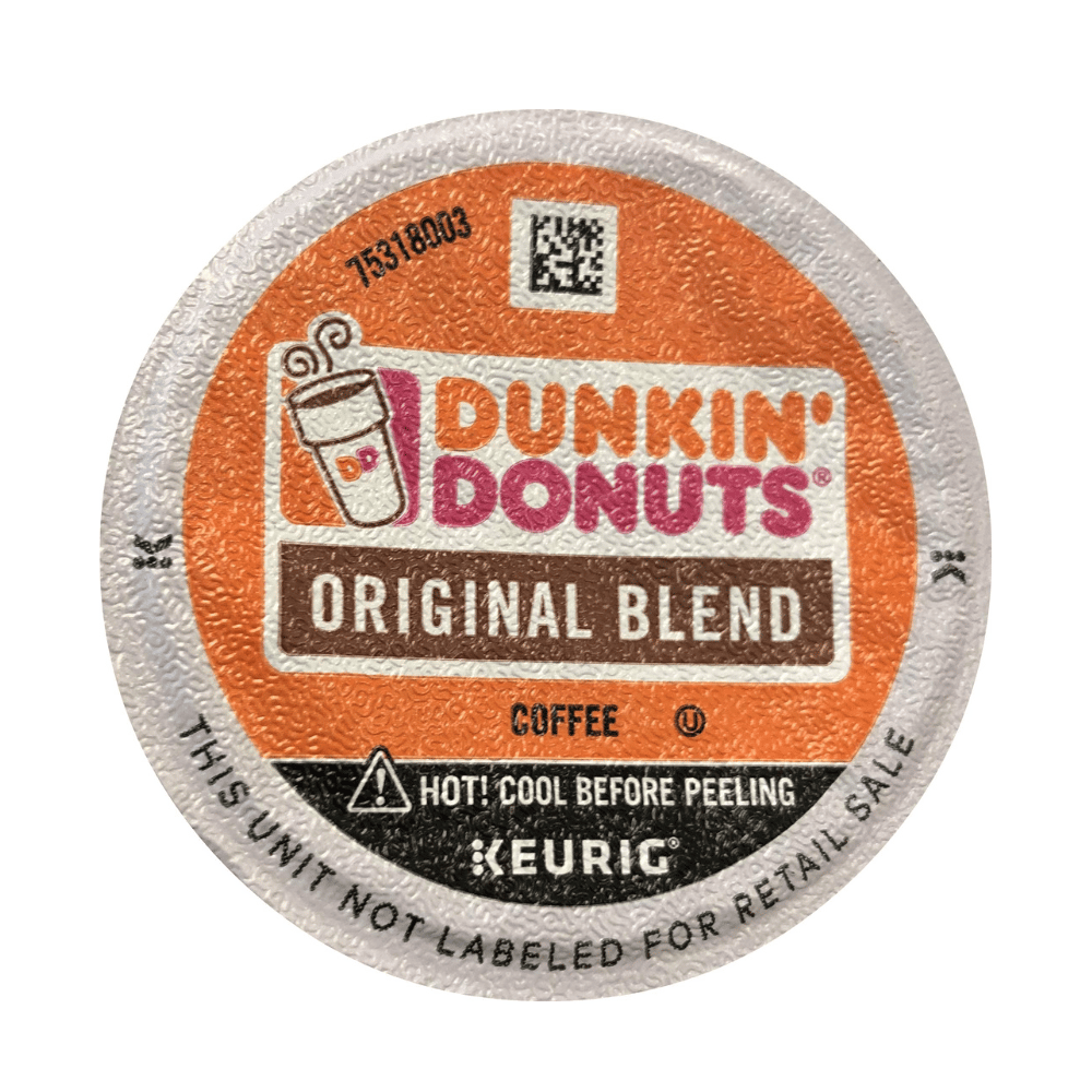 Dunkin' Donuts Original Blend Coffee K-Cup pod for Keurig brewers; labeled \“HOT! Cool before peeling\“ and \“This unit not labeled for retail sale.\“