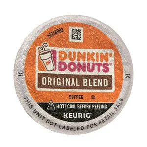 Dunkin' Donuts Original Blend Coffee K-Cup pod for Keurig brewers; labeled \“HOT! Cool before peeling\“ and \“This unit not labeled for retail sale.\“