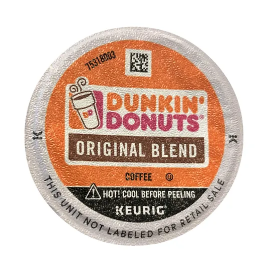 Dunkin' Donuts Original Blend Coffee K-Cup pod for Keurig brewers; labeled \“HOT! Cool before peeling\“ and \“This unit not labeled for retail sale.\“