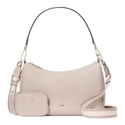 A beige leather shoulder bag with gold hardware featuring a small pouch attached. It includes a striped, adjustable crossbody strap with the brand's name on it.