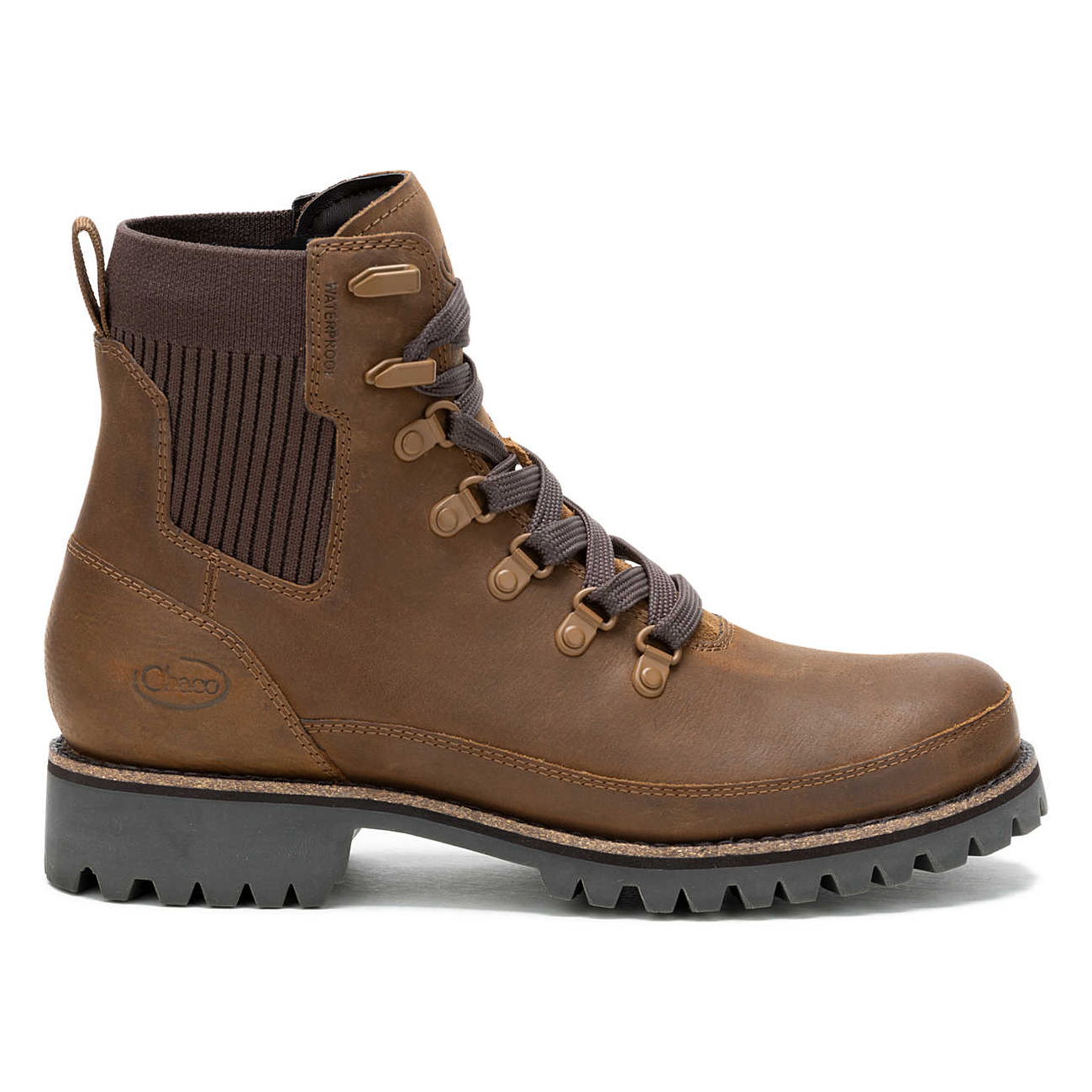 Brown lace-up ankle boots featuring a waterproof leather upper, black ribbed elastic side panel, pull-tab at the back, and rugged black rubber sole, ideal for outdoor wear.