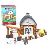 Lincoln Logs Big L Ranch building set featuring a barn, fence, cowboys, horse, and hay accessories, with packaging indicating 109 pieces for ages 3 and up.