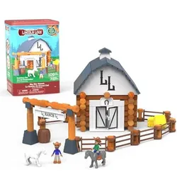 Lincoln Logs Big L Ranch building set featuring a barn, fence, cowboys, horse, and hay accessories, with packaging indicating 109 pieces for ages 3 and up.