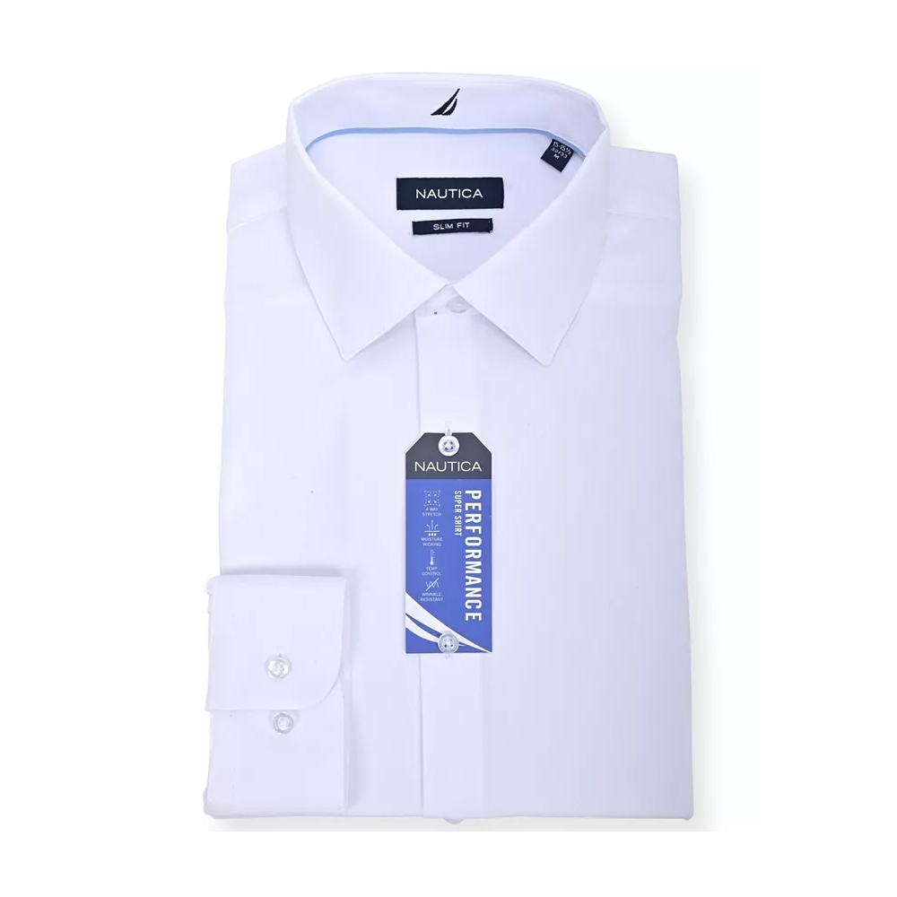 A white Nautica slim fit dress shirt with collar, cuffs, and attached tags.