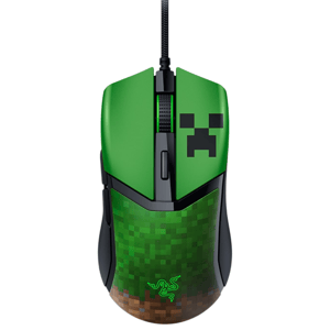 A green gaming mouse with a Minecraft Creeper design and pixelated grass texture, featuring the Razer logo.