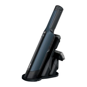 A sleek black handheld vacuum cleaner with a charging stand and additional brush attachments.