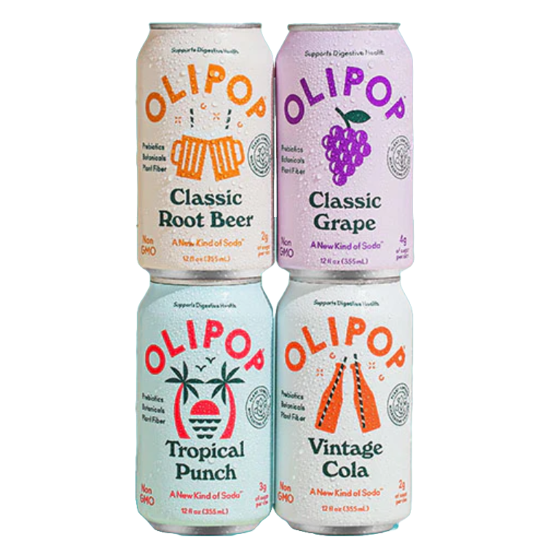 Four Olipop soda cans are shown: Classic Root Beer, Classic Grape, Tropical Punch, and Vintage Cola. Each can is 12 oz (355 mL) and labeled as non-GMO with low sugar content, promoting digestive health with probiotics and botanical ingredients.