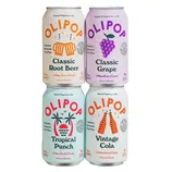 Four Olipop soda cans are shown: Classic Root Beer, Classic Grape, Tropical Punch, and Vintage Cola. Each can is 12 oz (355 mL) and labeled as non-GMO with low sugar content, promoting digestive health with probiotics and botanical ingredients.