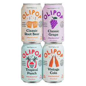 Four Olipop soda cans are shown: Classic Root Beer, Classic Grape, Tropical Punch, and Vintage Cola. Each can is 12 oz (355 mL) and labeled as non-GMO with low sugar content, promoting digestive health with probiotics and botanical ingredients.