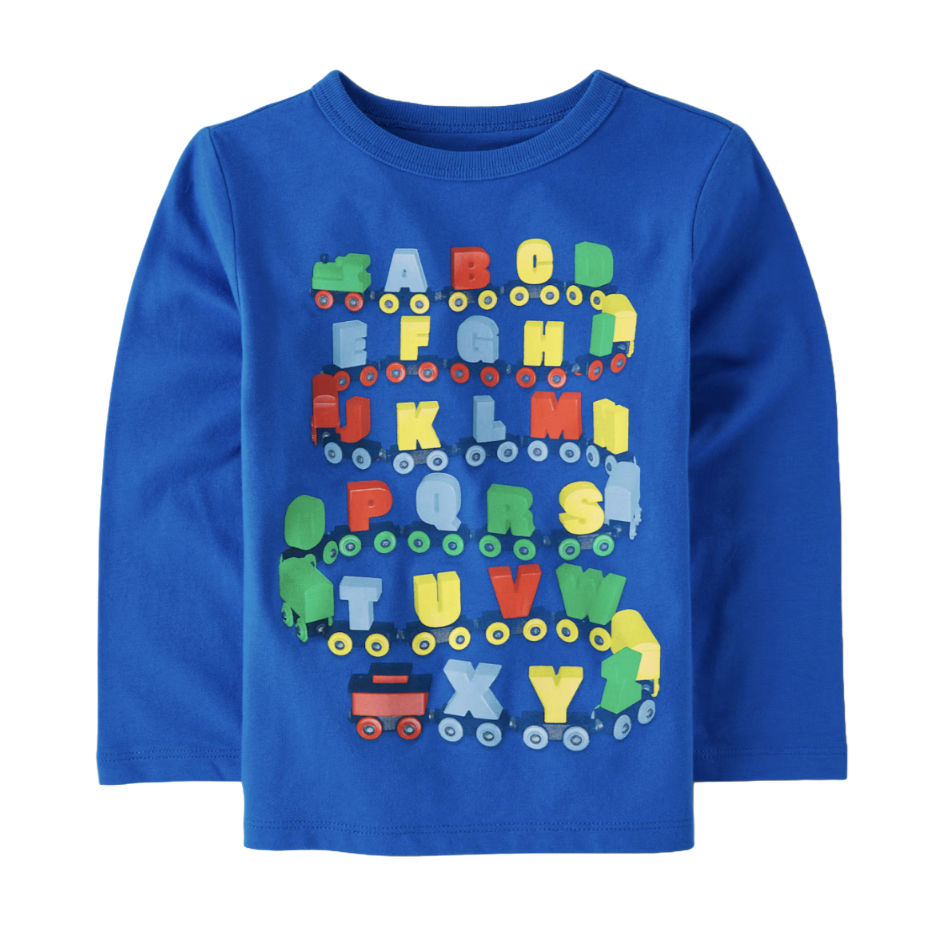 Blue long-sleeve children's shirt featuring colorful alphabet letters designed as a train.