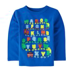 Blue long-sleeve children's shirt featuring colorful alphabet letters designed as a train.