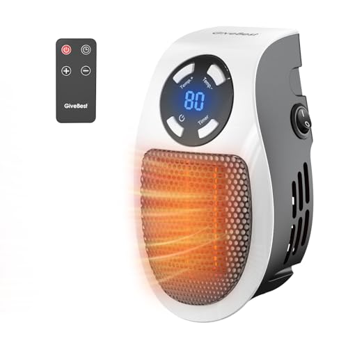 A compact plug-in space heater with a digital display showing a temperature of 80 degrees, accompanied by a remote control for easy operation.