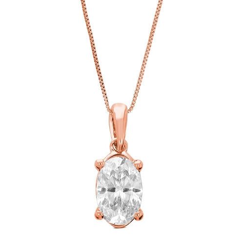 A rose gold pendant necklace featuring an oval-cut clear gemstone set in a four-prong mount, suspended from a fine chain.