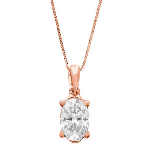 A rose gold pendant necklace featuring an oval-cut clear gemstone set in a four-prong mount, suspended from a fine chain.