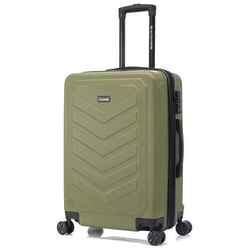 A green, hard-shell suitcase with four spinner wheels and an extendable telescopic handle, featuring a zigzag pattern on the front.