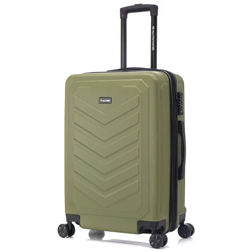 A green, hard-shell suitcase with four spinner wheels and an extendable telescopic handle, featuring a zigzag pattern on the front.
