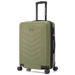 A green, hard-shell suitcase with four spinner wheels and an extendable telescopic handle, featuring a zigzag pattern on the front.
