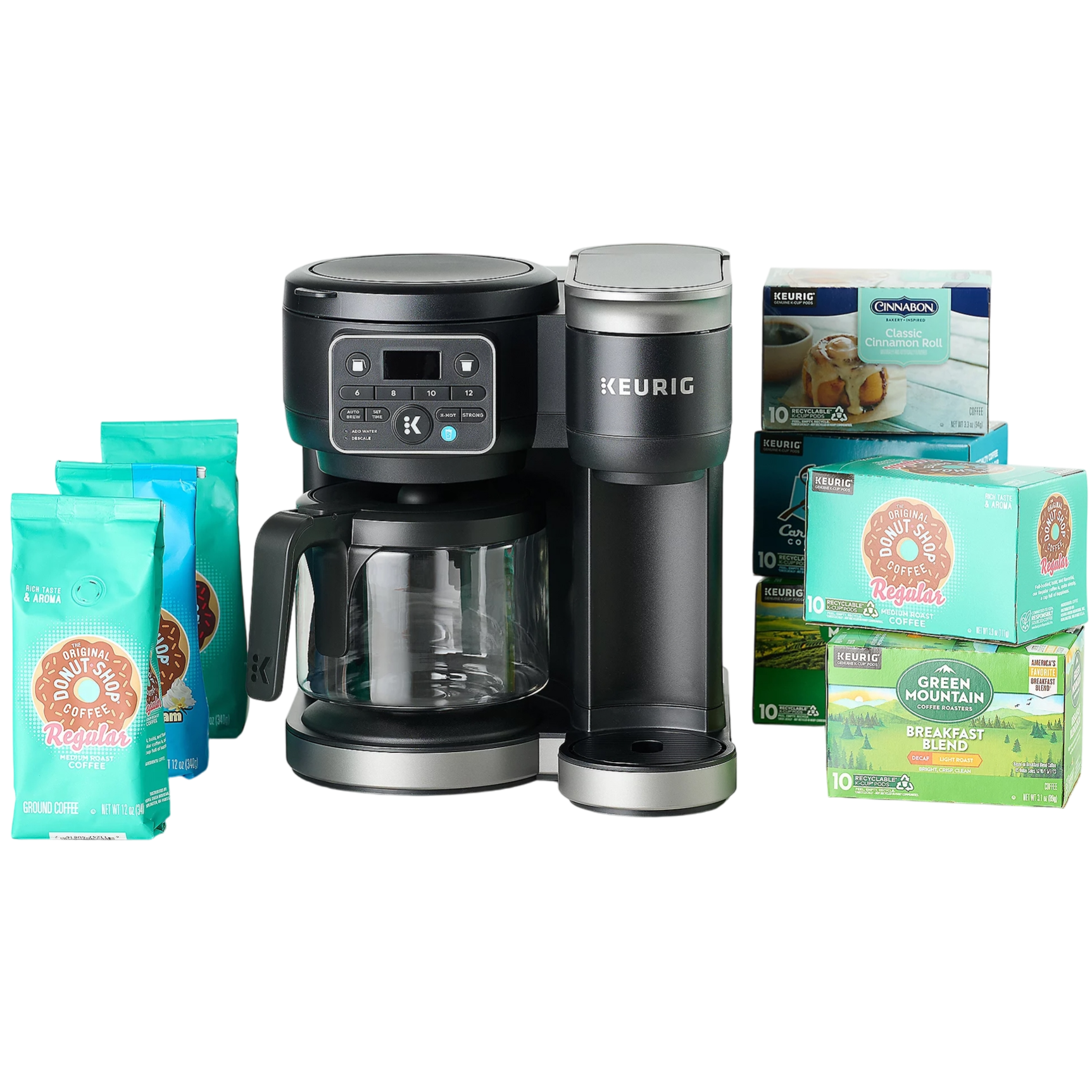 Keurig coffee maker with a carafe and pod brewing system, alongside bags of ground coffee and boxes of K-Cup pods featuring flavors like cinnamon roll and classic blends.
