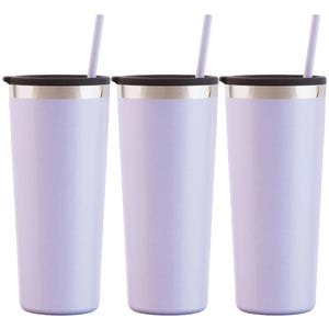 Three light purple stainless steel tumblers with black lids and matching straws, featuring a silver rim near the top.