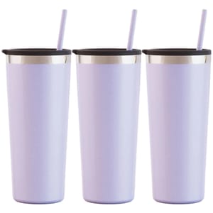 Three light purple stainless steel tumblers with black lids and matching straws, featuring a silver rim near the top.