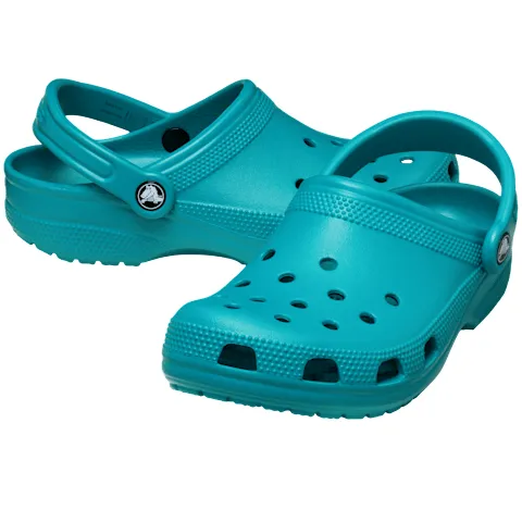 A pair of teal Crocs clogs featuring a strap and ventilation holes for breathability and comfort.