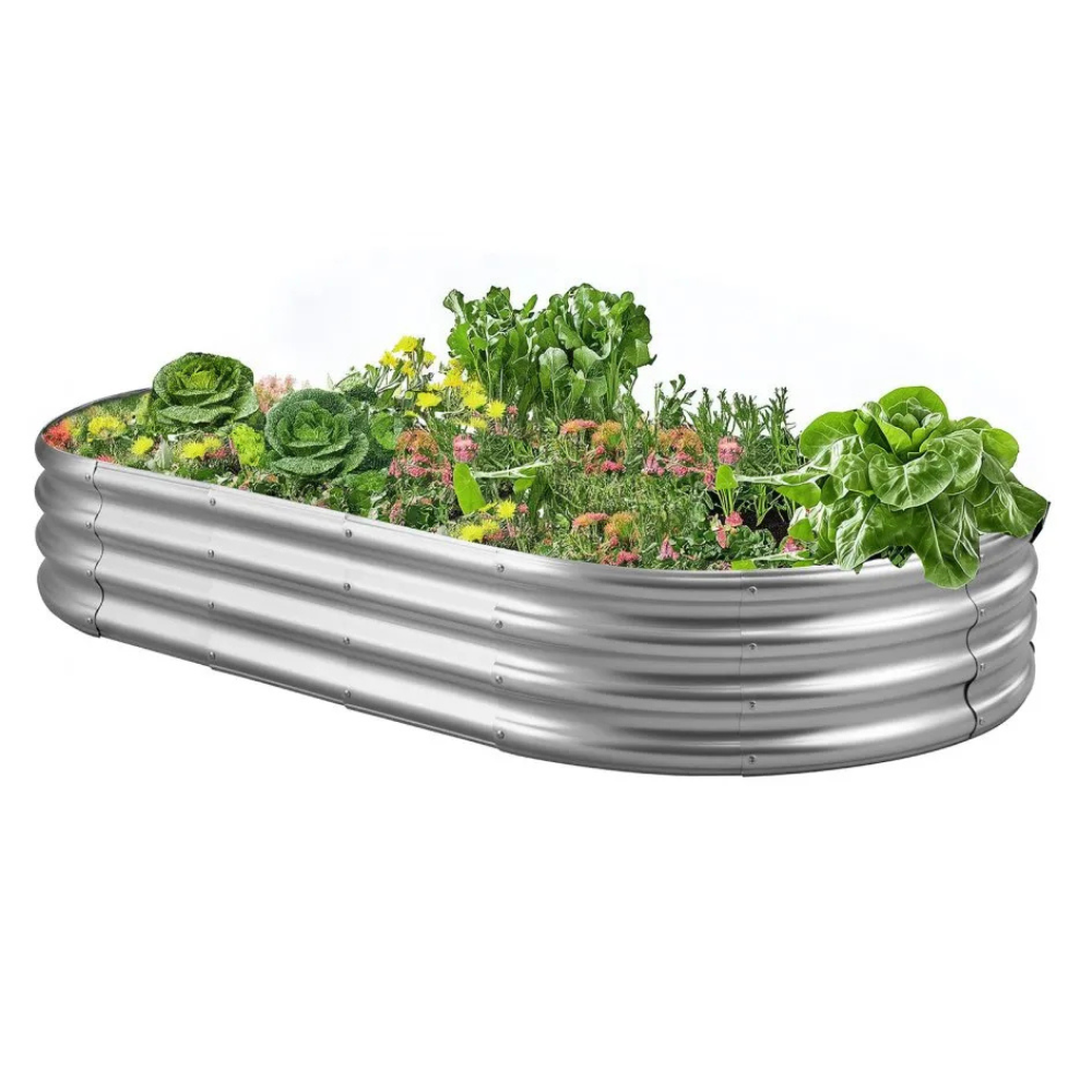 A raised garden bed made of corrugated metal, filled with various vegetables and flowers.