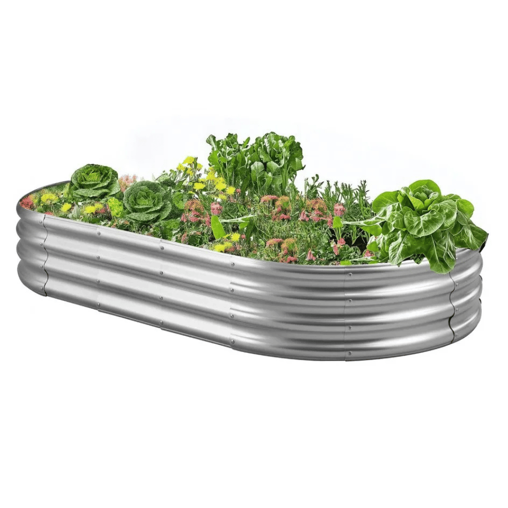 A raised garden bed made of corrugated metal, filled with various vegetables and flowers.