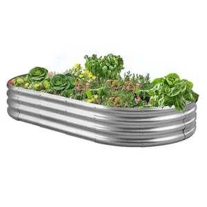 A raised garden bed made of corrugated metal, filled with various vegetables and flowers.