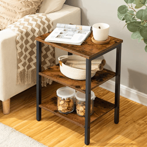 Two-tiered wooden end tables with a metal frame, featuring a top surface and two lower shelves for storage or display.