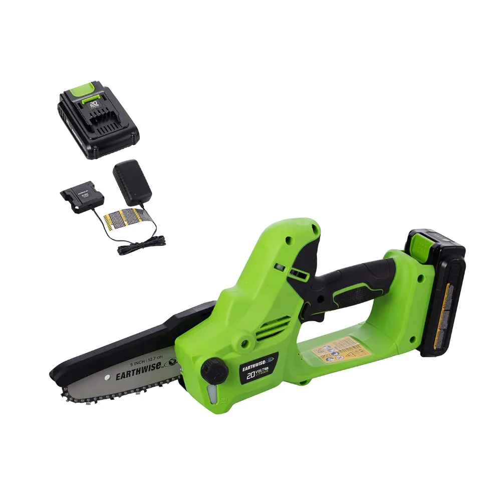 Green cordless electric chainsaw with a battery pack and charger.