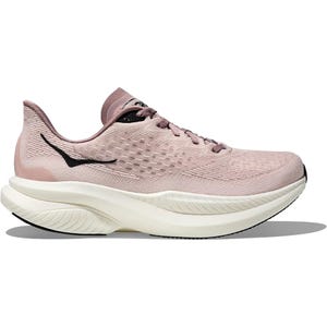 A pink athletic sneaker with a thick, cushioned white sole and a small black Nike logo on the side.