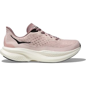 A pink athletic sneaker with a thick, cushioned white sole and a small black Nike logo on the side.