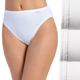 White high-cut women's briefs with a simple design, shown next to a stack of similar folded garments.