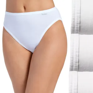 White high-cut women's briefs with a simple design, shown next to a stack of similar folded garments.