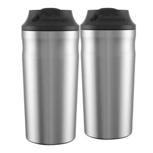 Two stainless steel can insulators with black lids, designed to keep beverages cold. Each has a sleek, tapered design and features the brand name \“CanKoozie\“ on the lid.