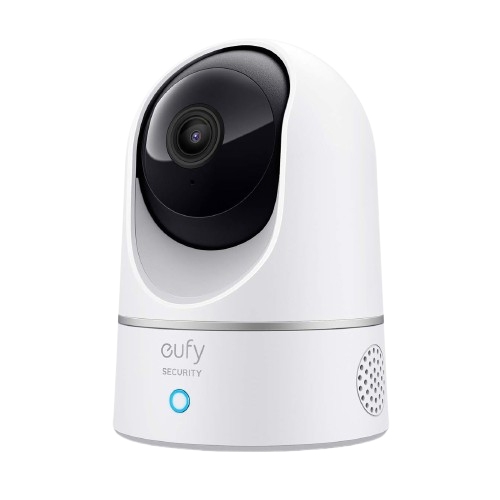 A white Eufy 2K Indoor Camera with a black lens and a sleek, compact design, featuring a speaker and LED indicator on the front.