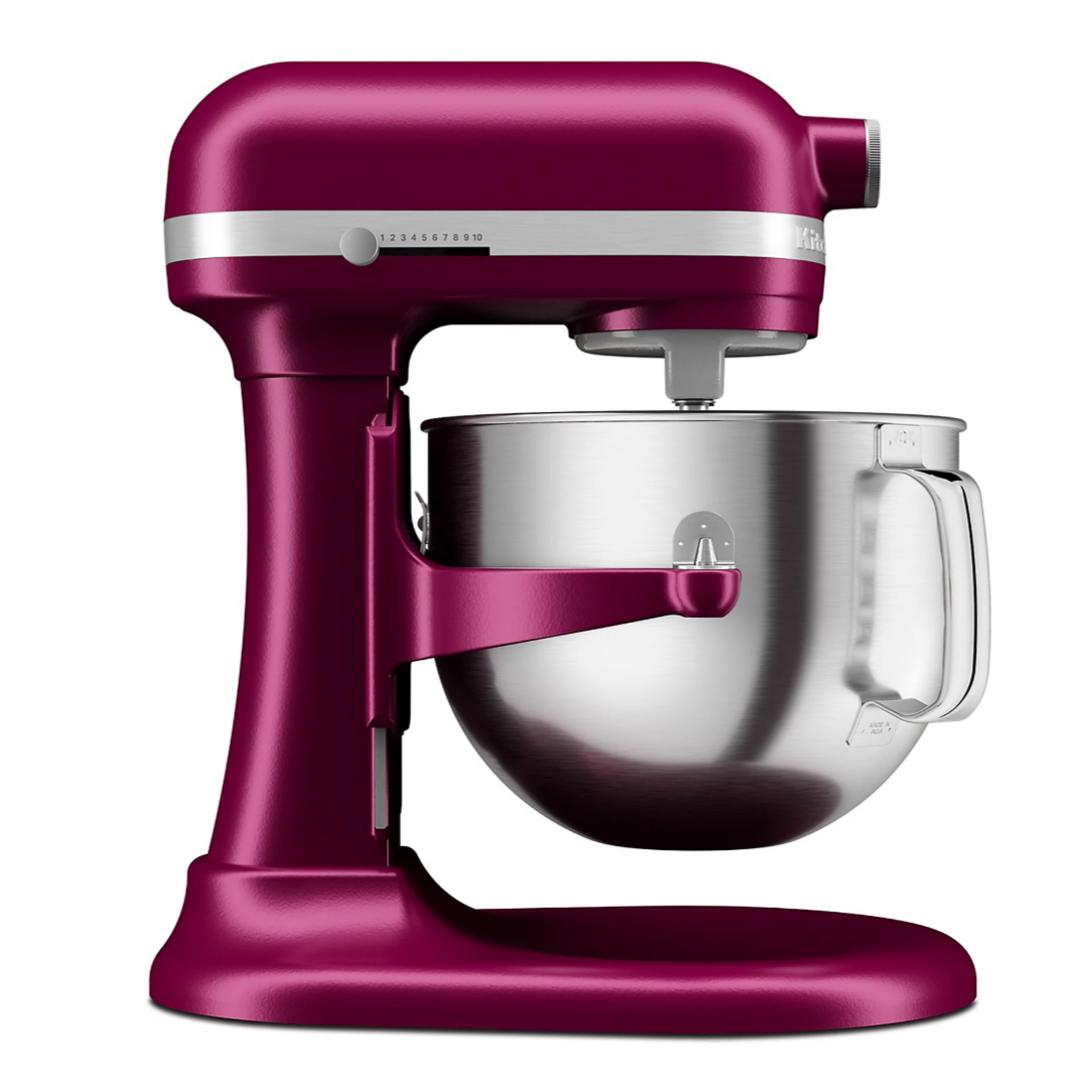 A burgundy stand mixer with a stainless steel mixing bowl and a speed control dial.