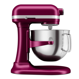 A burgundy stand mixer with a stainless steel mixing bowl and a speed control dial.