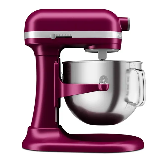 A burgundy stand mixer with a stainless steel mixing bowl and a speed control dial.