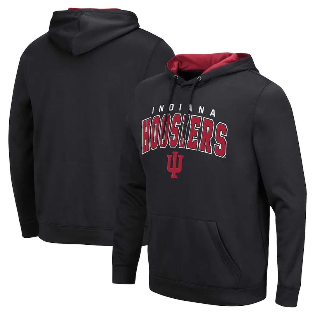Black pullover hoodie with \“Indiana Hoosiers\“ and the IU logo on the front, featuring red interior lining in the hood and a front pouch pocket.