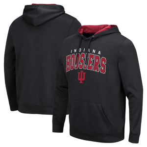Black pullover hoodie with \“Indiana Hoosiers\“ and the IU logo on the front, featuring red interior lining in the hood and a front pouch pocket.
